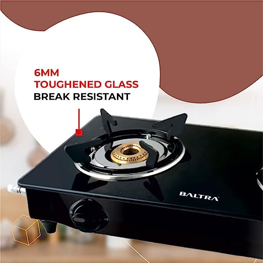 Baltra Glimmer Glass Top Gas Stove 2 Brass Burner Manual Ignition, Black (ISI Certified 2 year warranty with Doorstep Service) Baltra Glimmer Glass Top Gas Stove 2 Brass Burner Manual Ignition, Black (ISI Certified 2 year warranty with Doorstep Service)